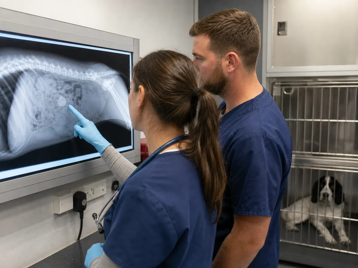 Veterinary team pointing to a round foreign body on a dog's abdominal radiograph