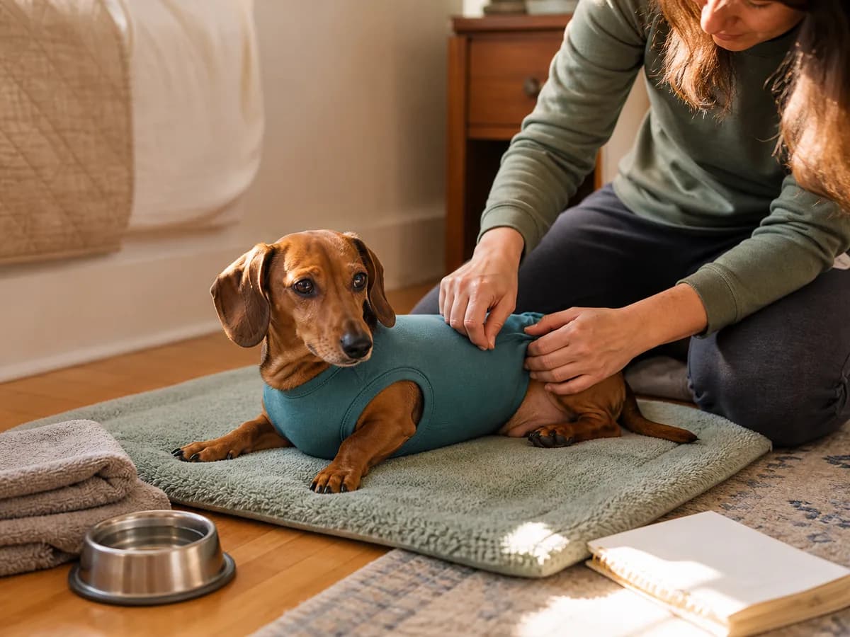 Brown dachshund mix resting on a floor mat while an owner checks its teal recovery suit
