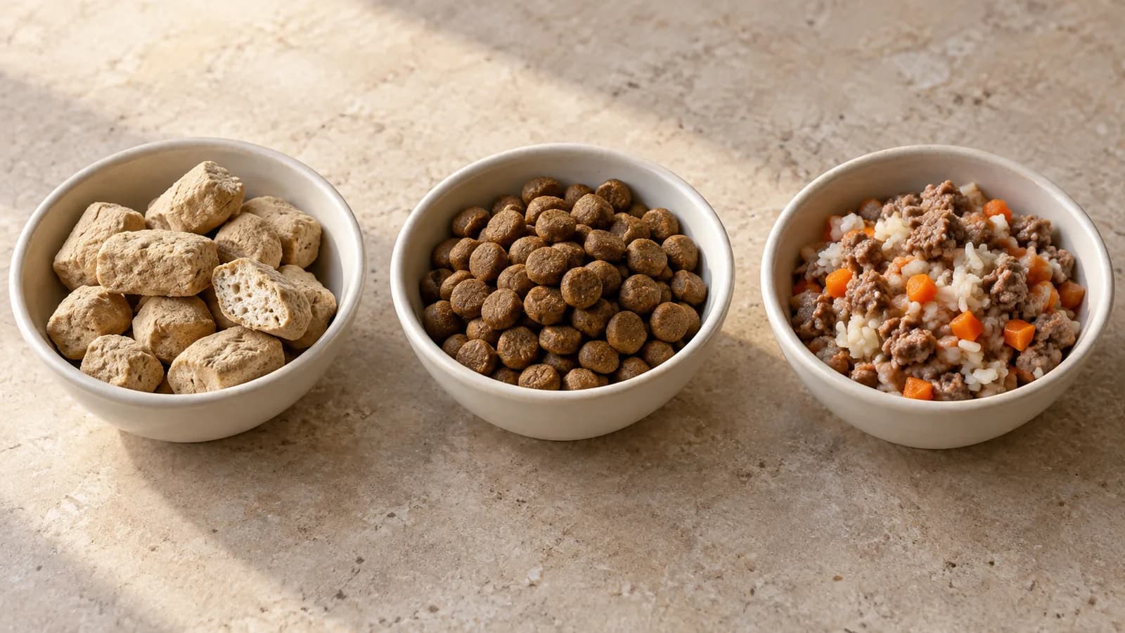 Three bowls with representative freeze-dried, dry kibble, and cooked dog food
