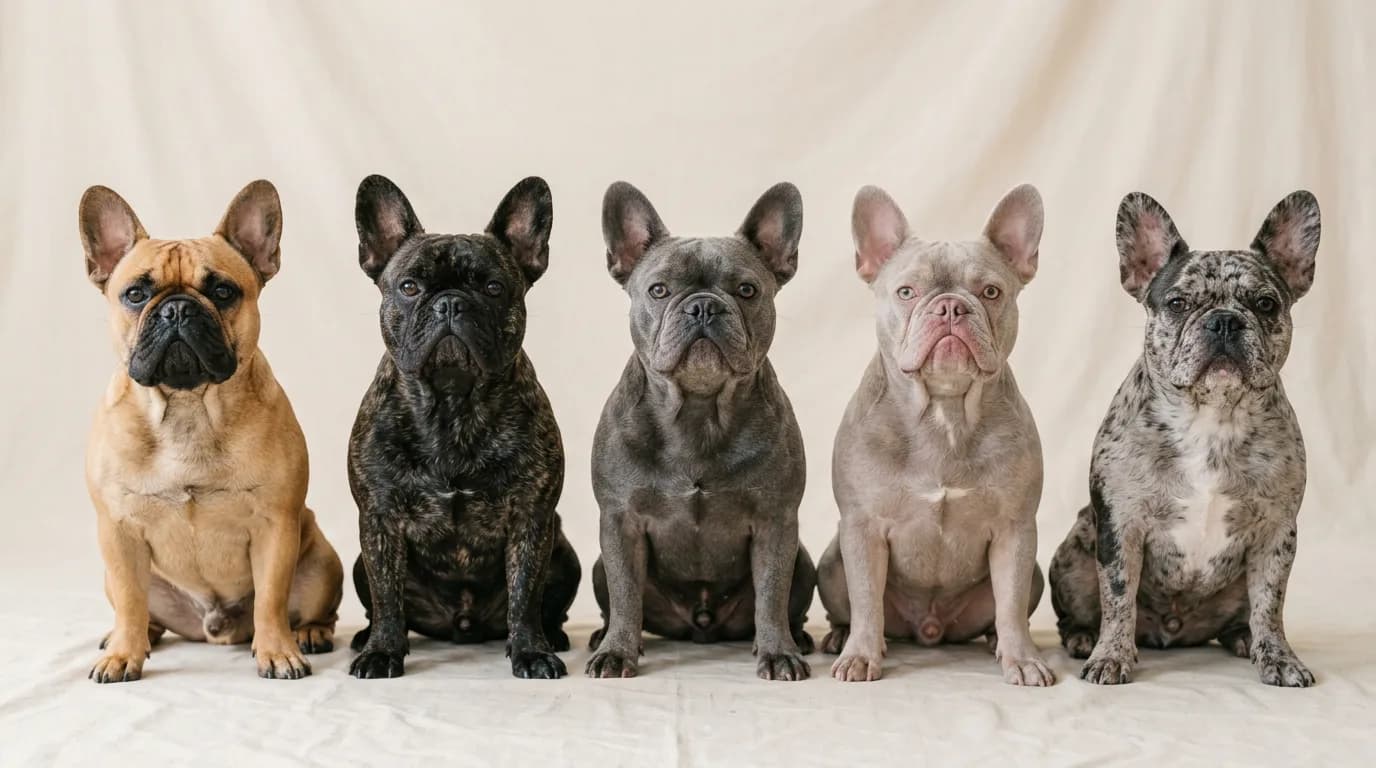 A row of five French Bulldogs sitting side by side on a pale studio backdrop, each a different coat color, from fawn and brindle on the left to blue,