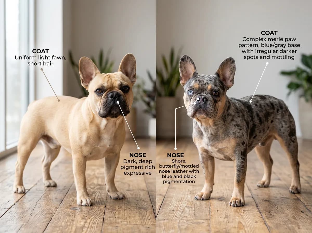 An infographic-style side-by-side comparison of a standard fawn French Bulldog and a rare merle French Bulldog, with labeled callouts pointing to coat