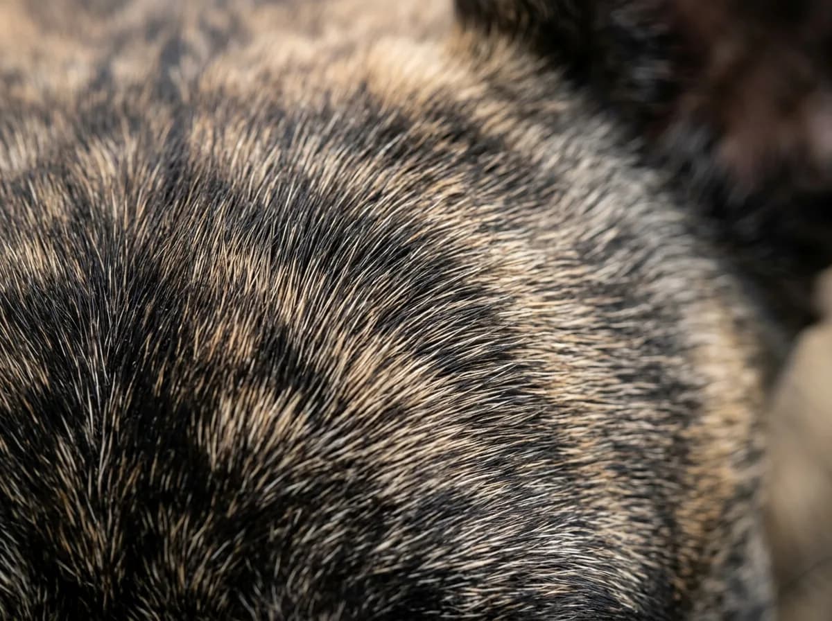 Close-up macro shot of French Bulldog fur showing the individual banded hairs of a brindle coat, dark and light strands interwoven