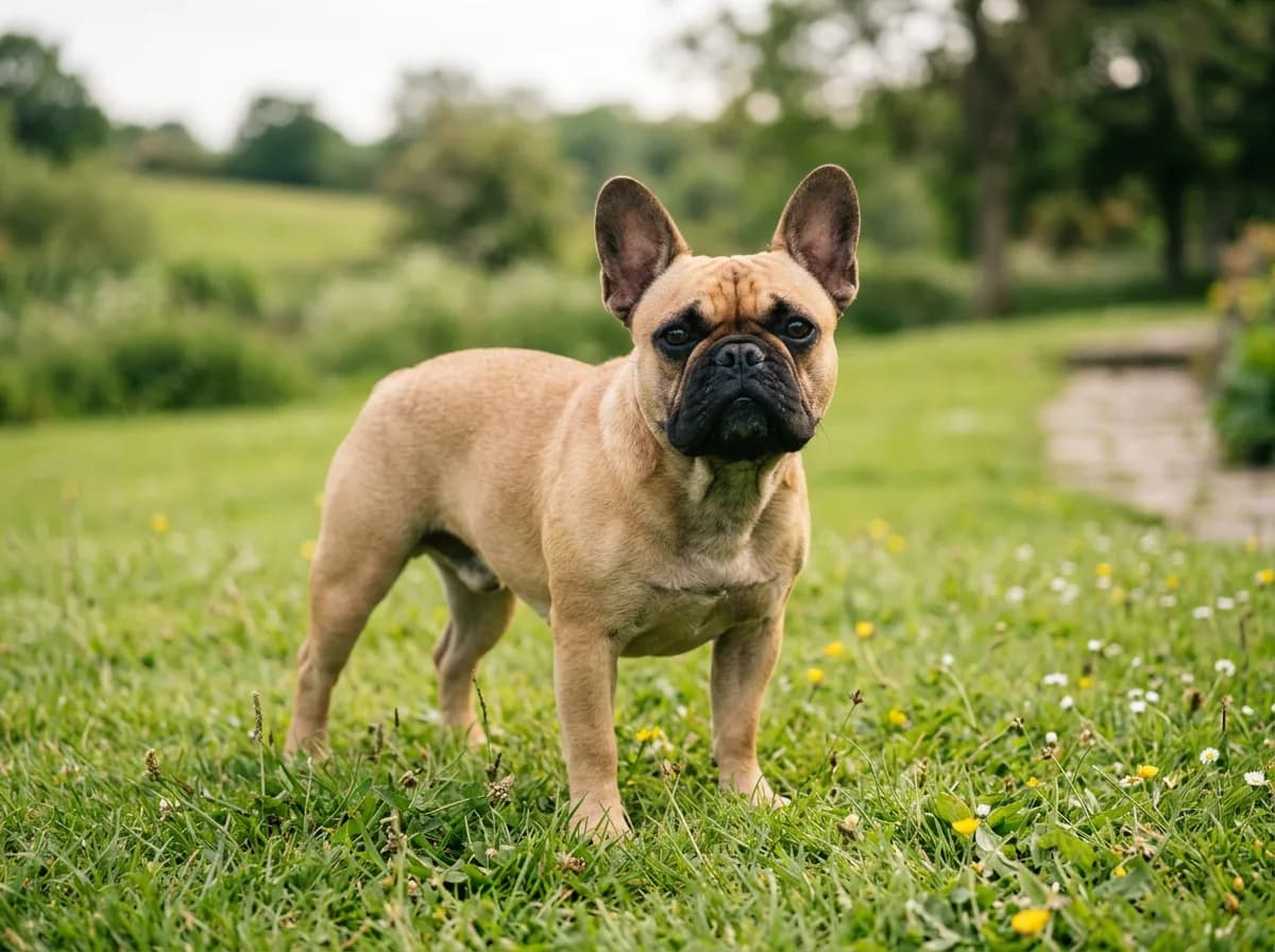 A fawn French Bulldog with a black mask standing on grass in soft daylight, ears up, looking toward the camera
