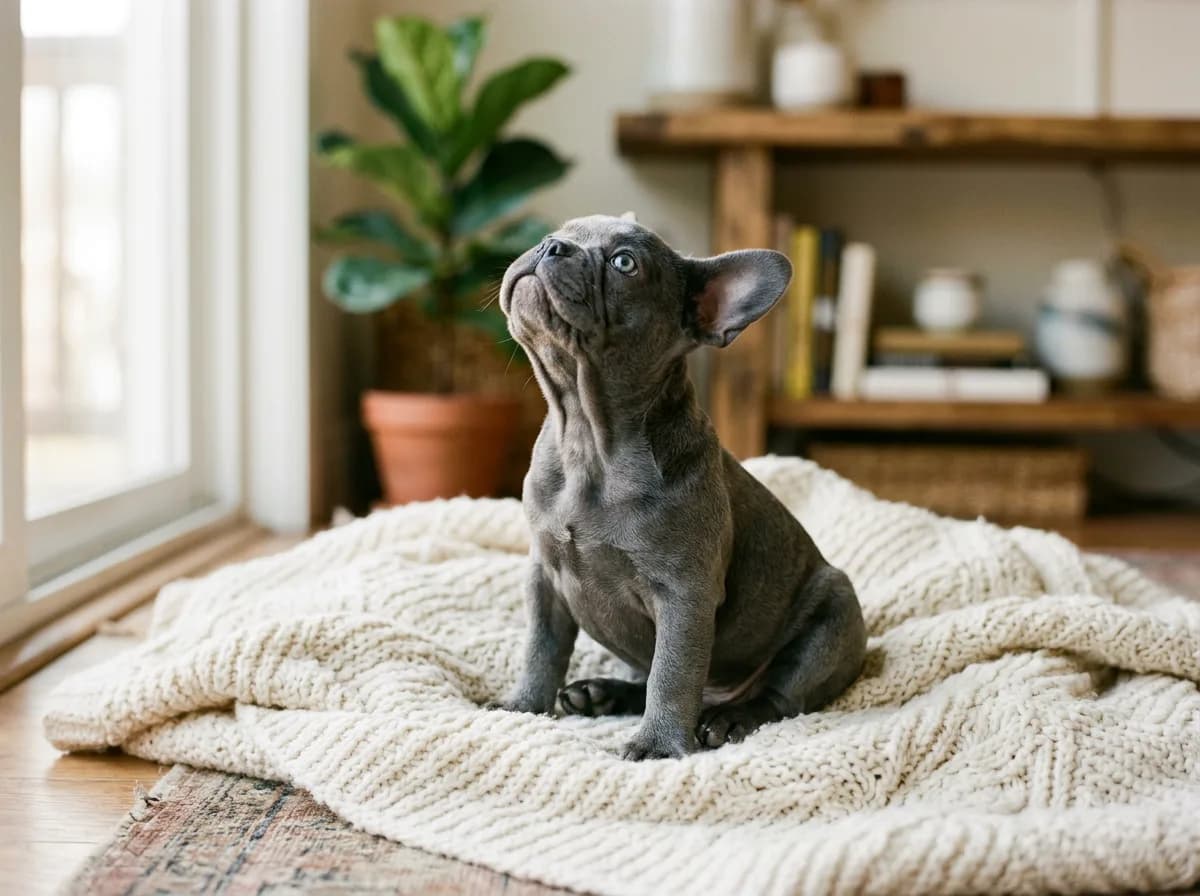A blue (slate gray) French Bulldog puppy sitting on a soft blanket indoors, light eyes, looking up