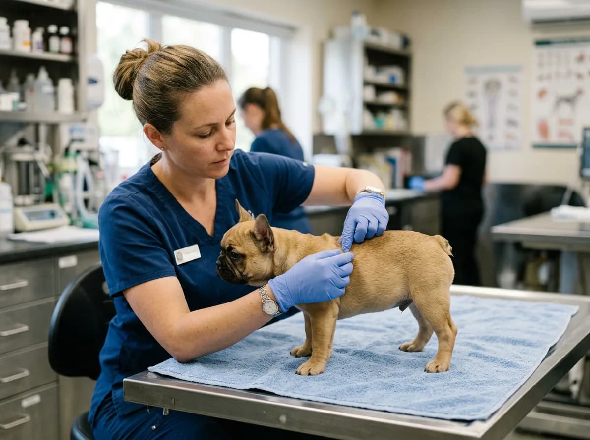 A veterinarian in a clinic gently examining a fawn French Bulldog's skin and coat along its back, clinical lighting