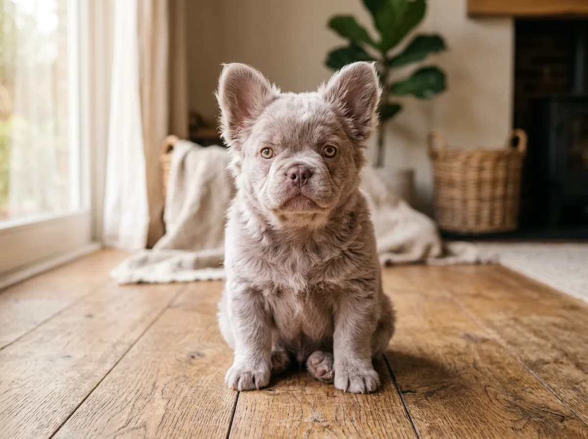 A lilac fluffy French Bulldog puppy with long soft fur and light amber eyes, sitting on a wooden floor in warm natural light