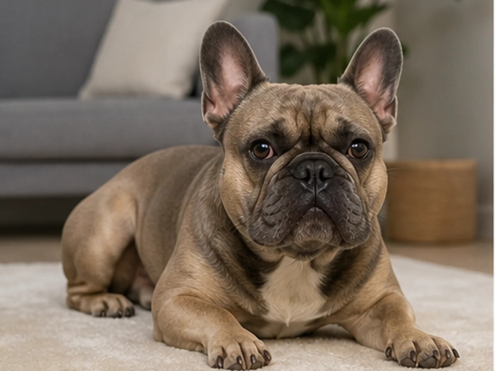 alert adult French Bulldog resting comfortably in a cool indoor setting