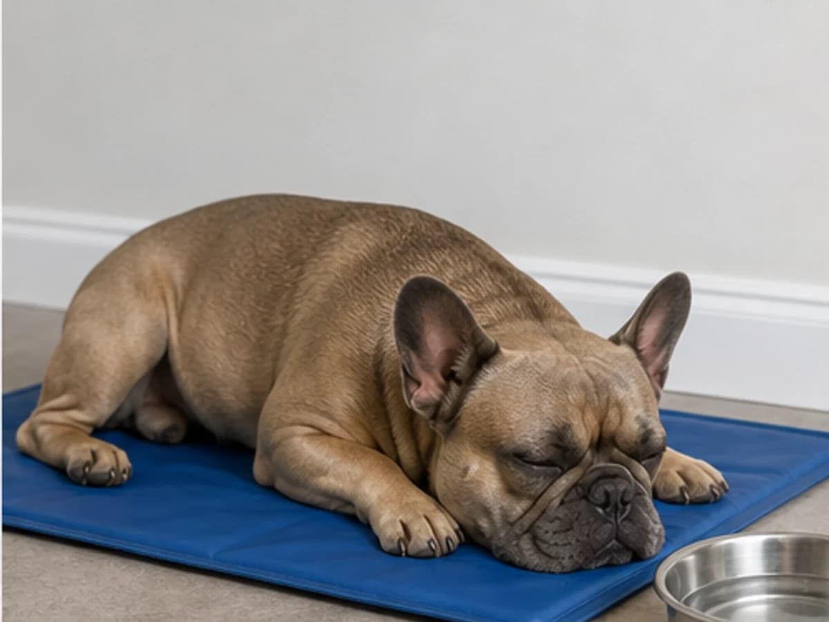 French Bulldog resting on a cooling mat beside fresh water