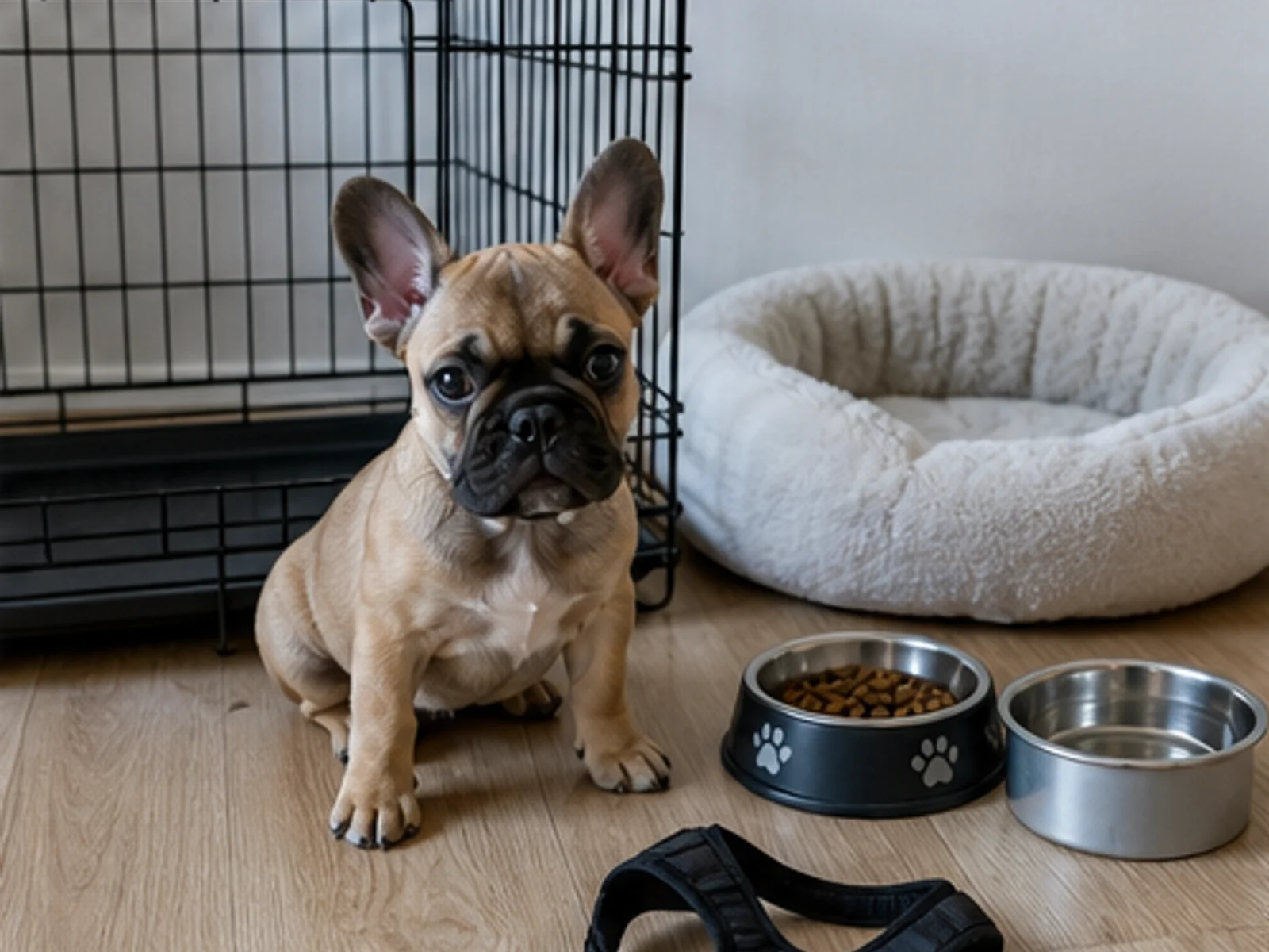 adult French Bulldog beside a simple, realistic first-year supply setup