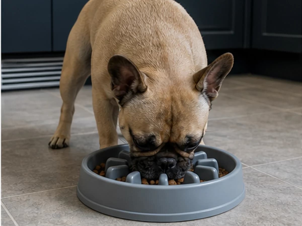 Owner reviewing a veterinary invoice with French Bulldog nearby