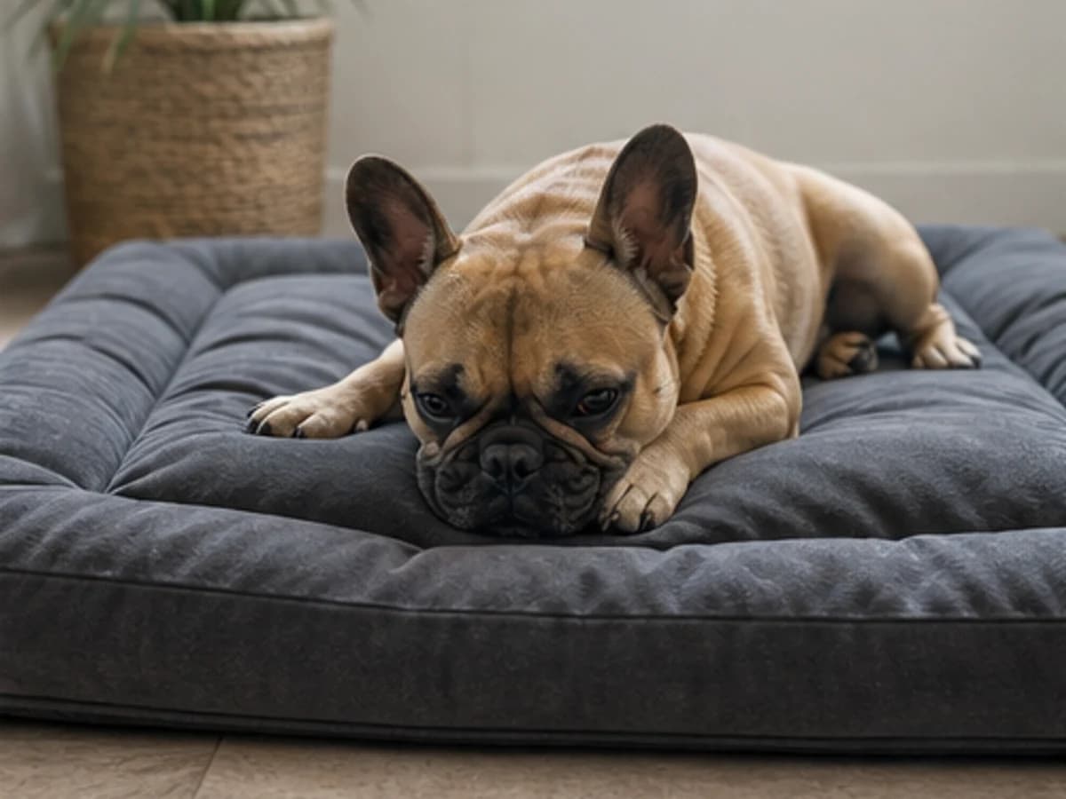 Adult French Bulldog eating from a slow-feeder bowl