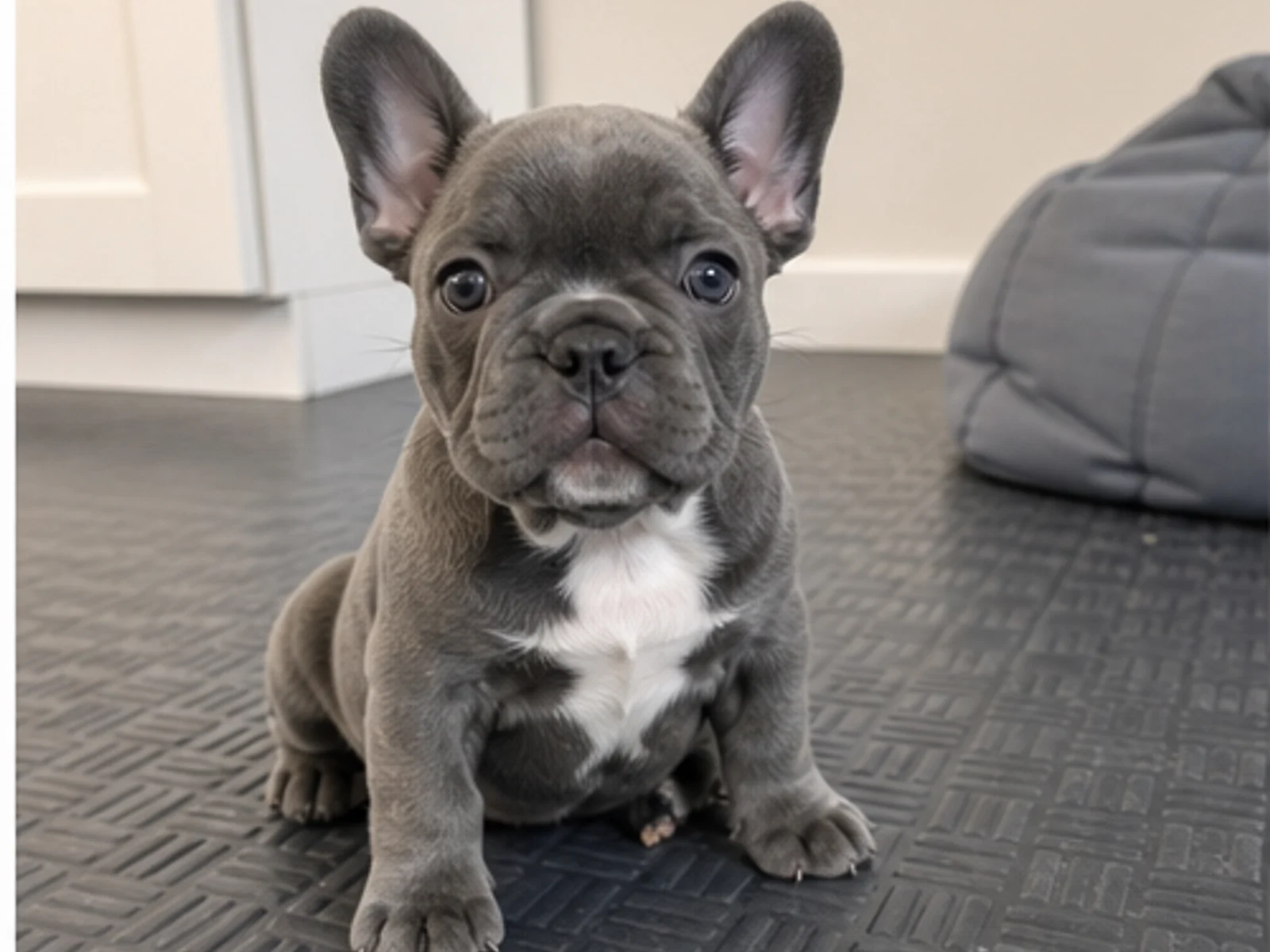 healthy French Bulldog puppy sitting naturally on a nonslip home floor