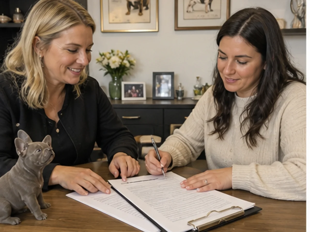 Buyer reviewing health records with breeder at a table