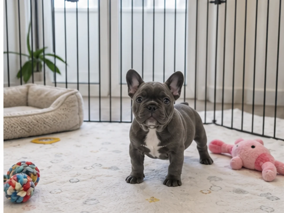 French Bulldog puppy in a safely configured playpen