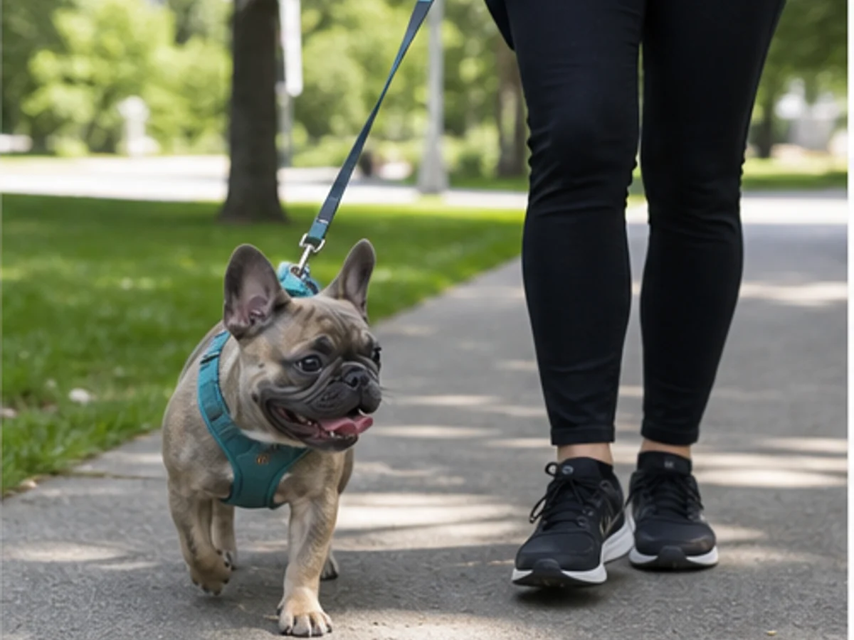 Puppy walking beside an adult in a correctly fitted harness