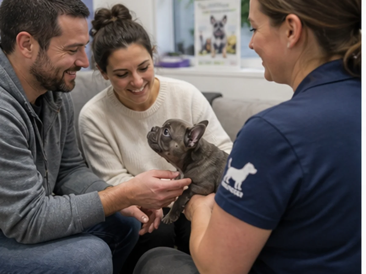 Rescue volunteer calmly introducing a young French Bulldog