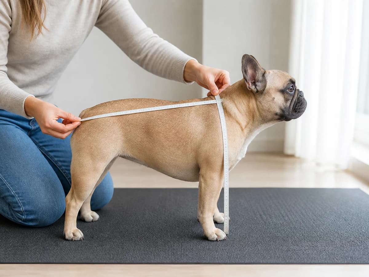 Show an owner measuring a standing French Bulldog from the shoulder toward the tail with a flexible tape