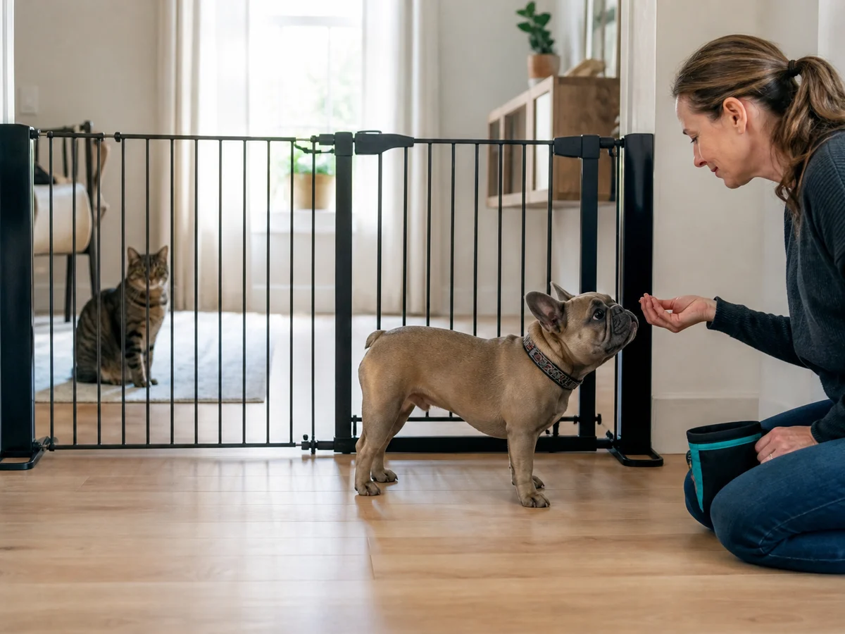 Show a calm barrier-based introduction with a French Bulldog able to disengage