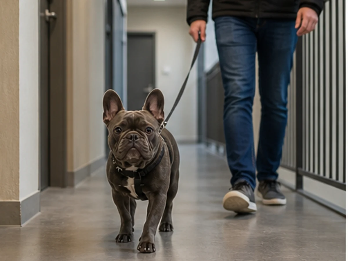 French Bulldog walking calmly on leash in an apartment corridor