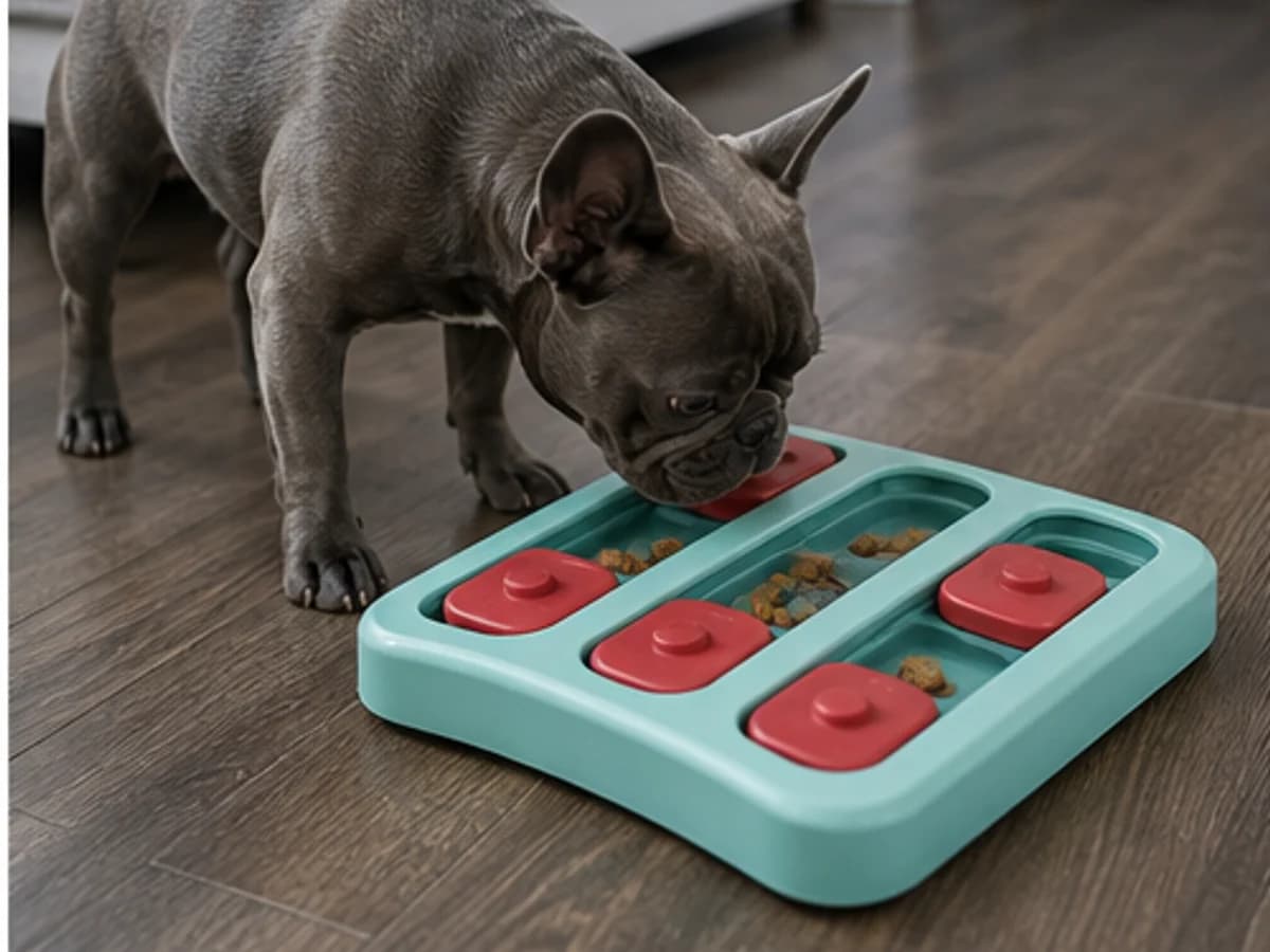 Dog using a food puzzle on a nonslip floor