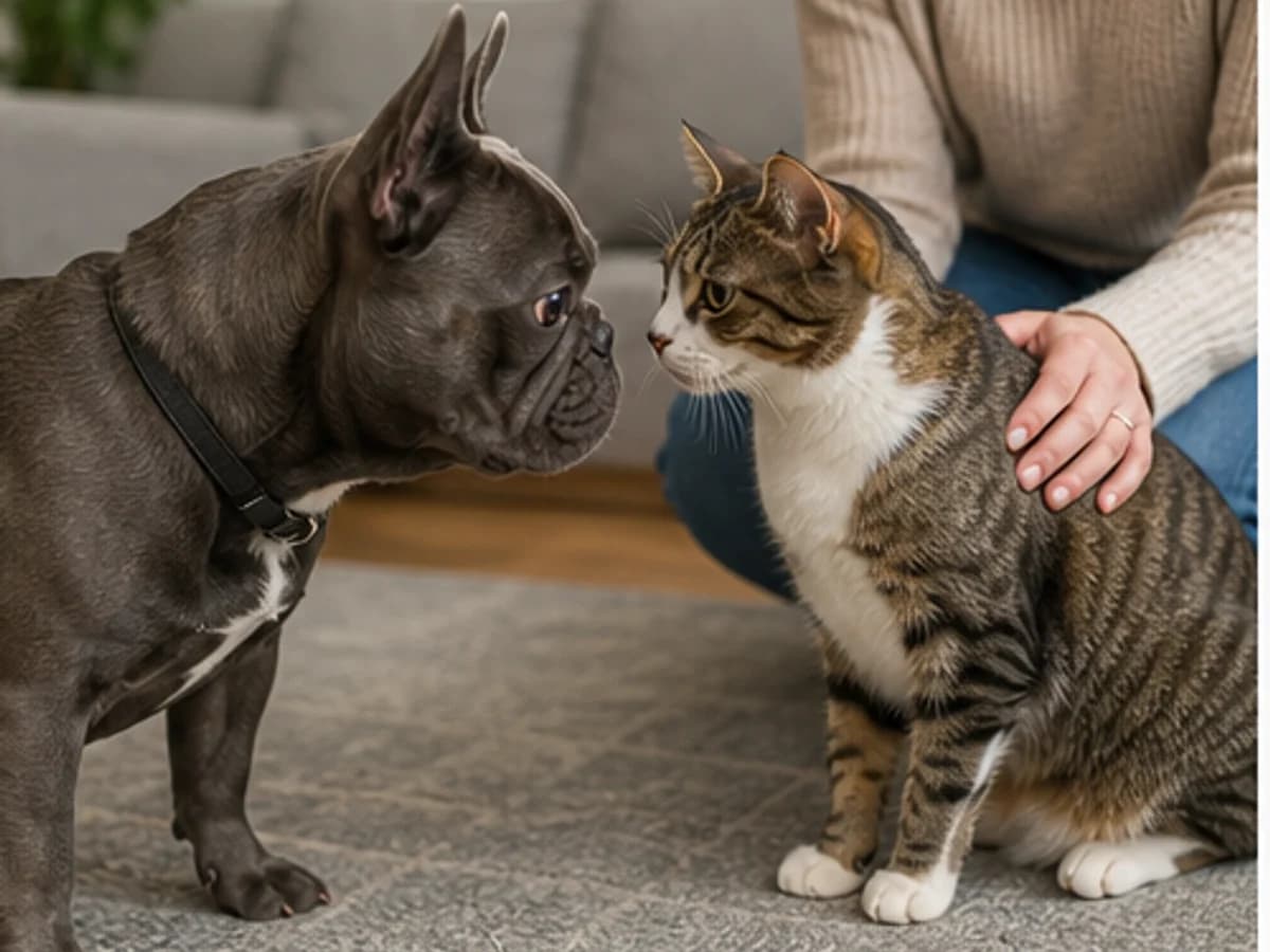 Calm supervised introduction between French Bulldog and another pet