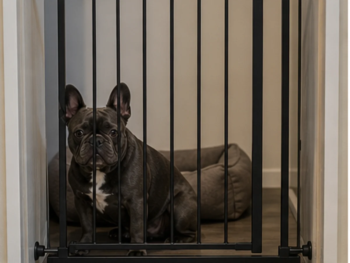French Bulldog settled behind a safely configured indoor gate