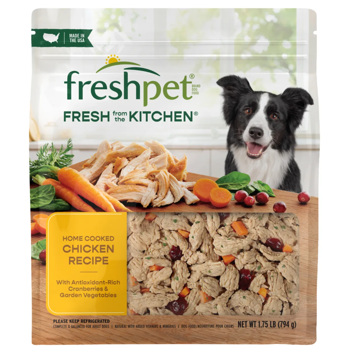 Bag of Freshpet Fresh From the Kitchen Home Cooked Chicken Recipe with cranberries and garden vegetables.