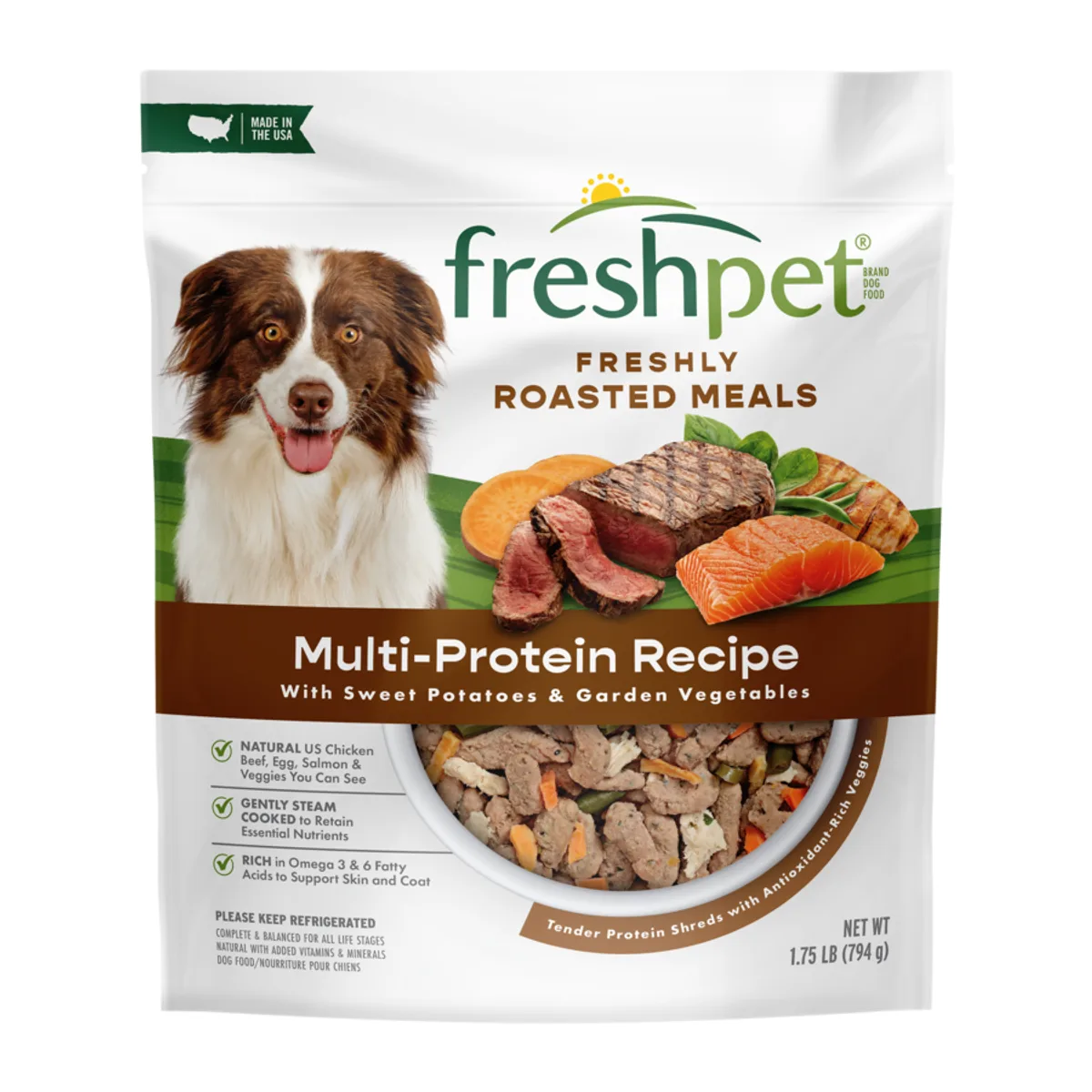 Bag of Freshpet Freshly Roasted Meals Multi-Protein Recipe with sweet potatoes and garden vegetables.