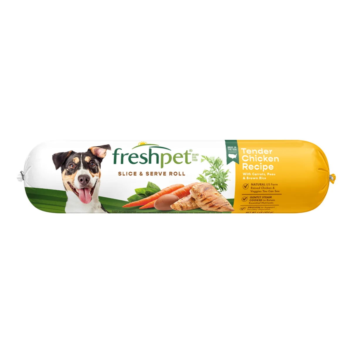 Freshpet Slice and Serve roll of Tender Chicken Recipe dog food with carrots, peas and brown rice.