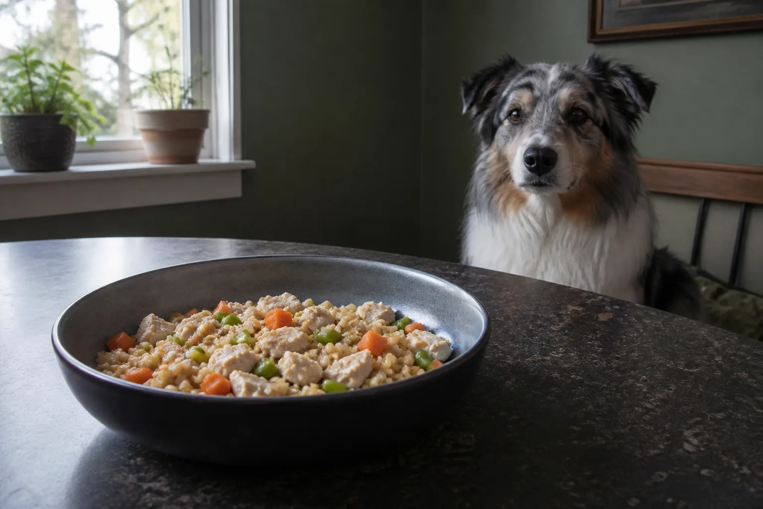 Blue-merle Australian Shepherd watching a bowl of fresh dog food with chicken, rice, carrots, and green beans