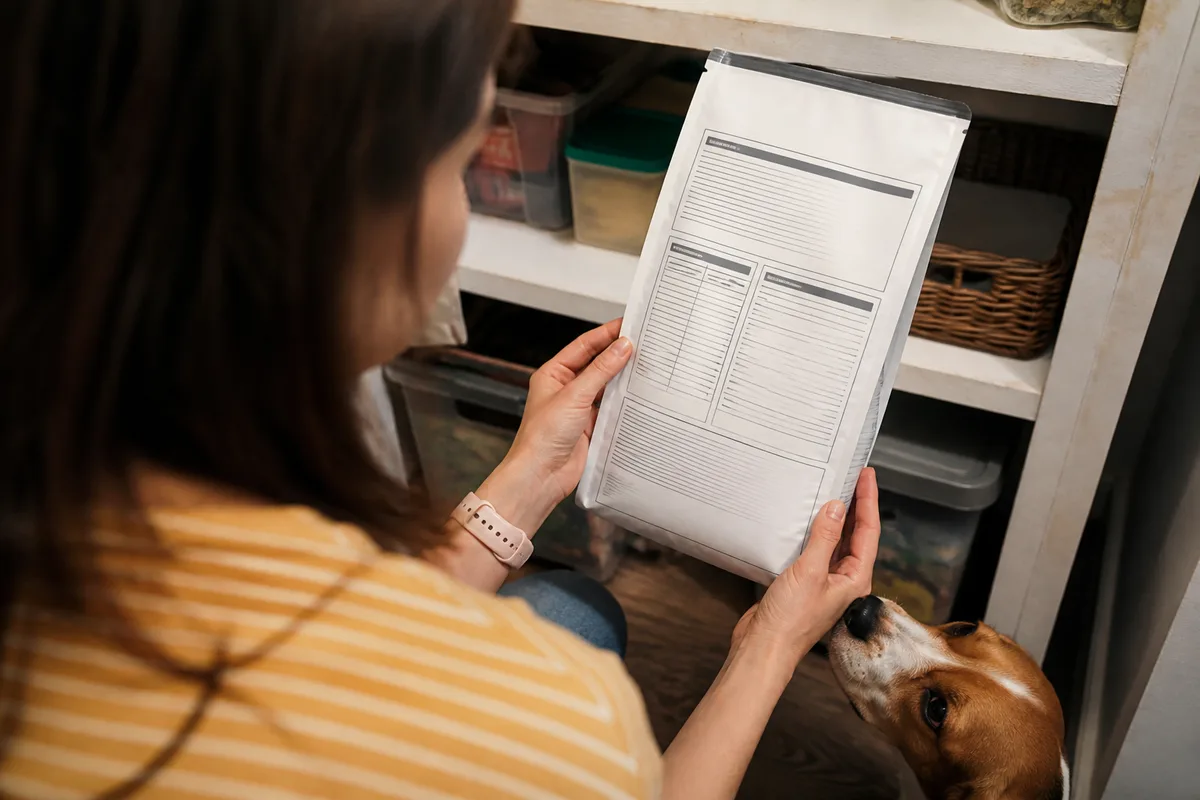 Pet parent reading an unbranded dog food label in a pantry while a beagle looks on