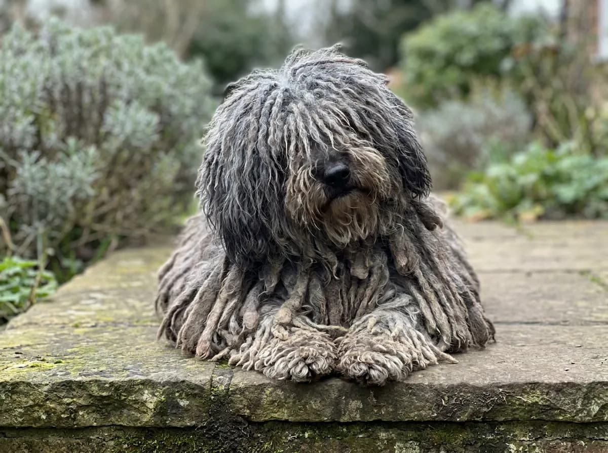A gray corded Puli lying on a stone step in a garden with its cords covering its eyes.