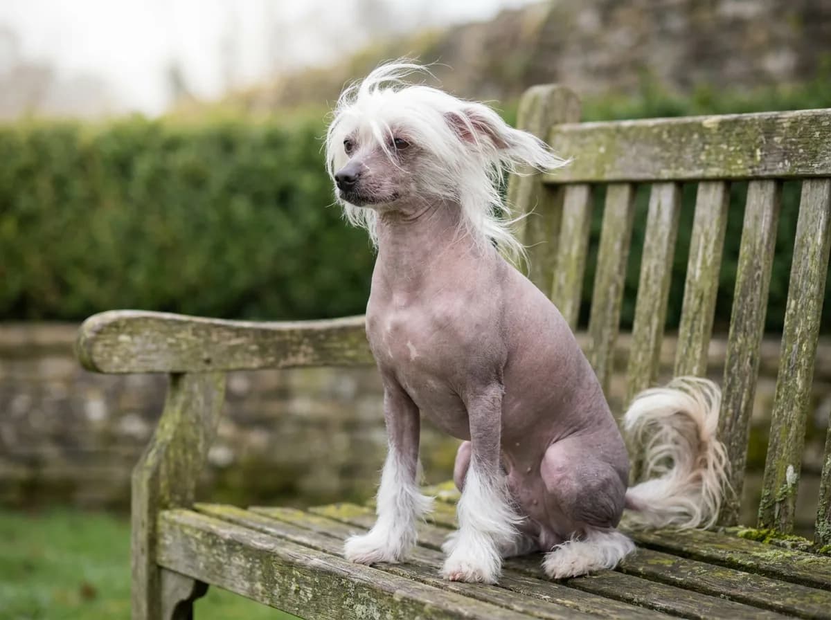 A hairless Chinese Crested sitting on a weathered garden bench with its white crest blowing in the wind.