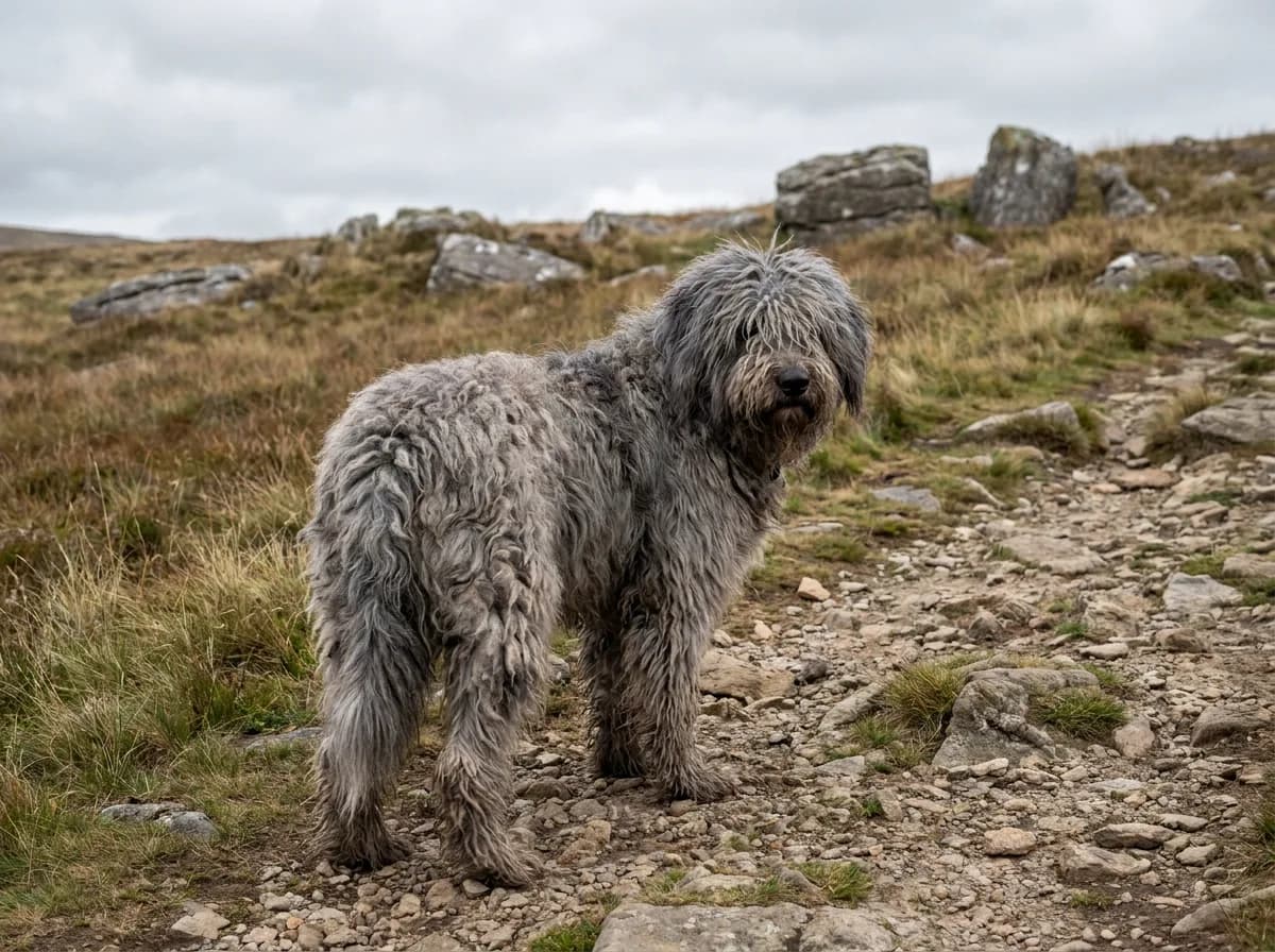 A gray Bergamasco with a shaggy flocked coat standing on a rocky moorland trail.