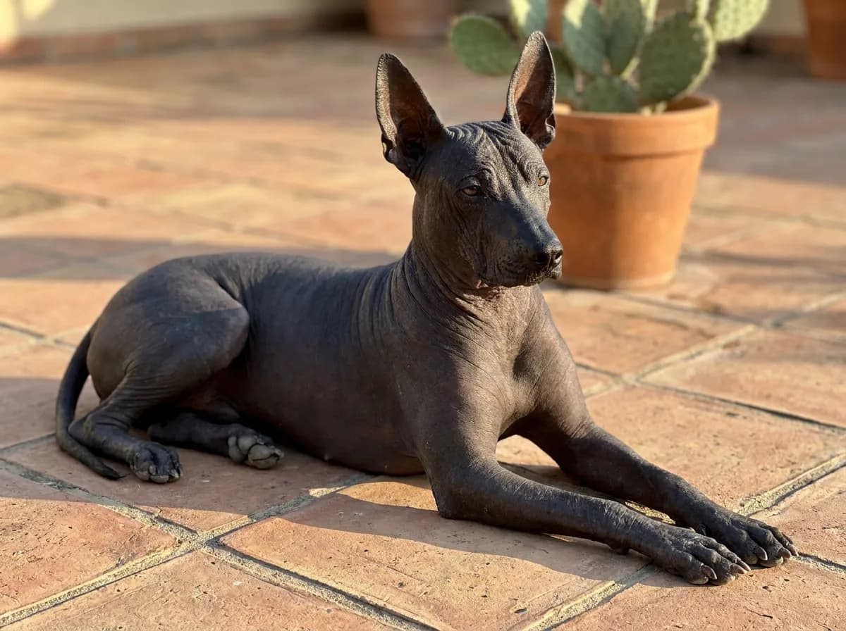 A dark hairless Xoloitzcuintli lying on terracotta tiles beside a potted cactus.