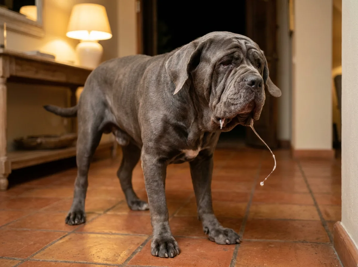 A gray Neapolitan Mastiff standing in a lamp-lit hallway with a long string of drool hanging from its jowls.