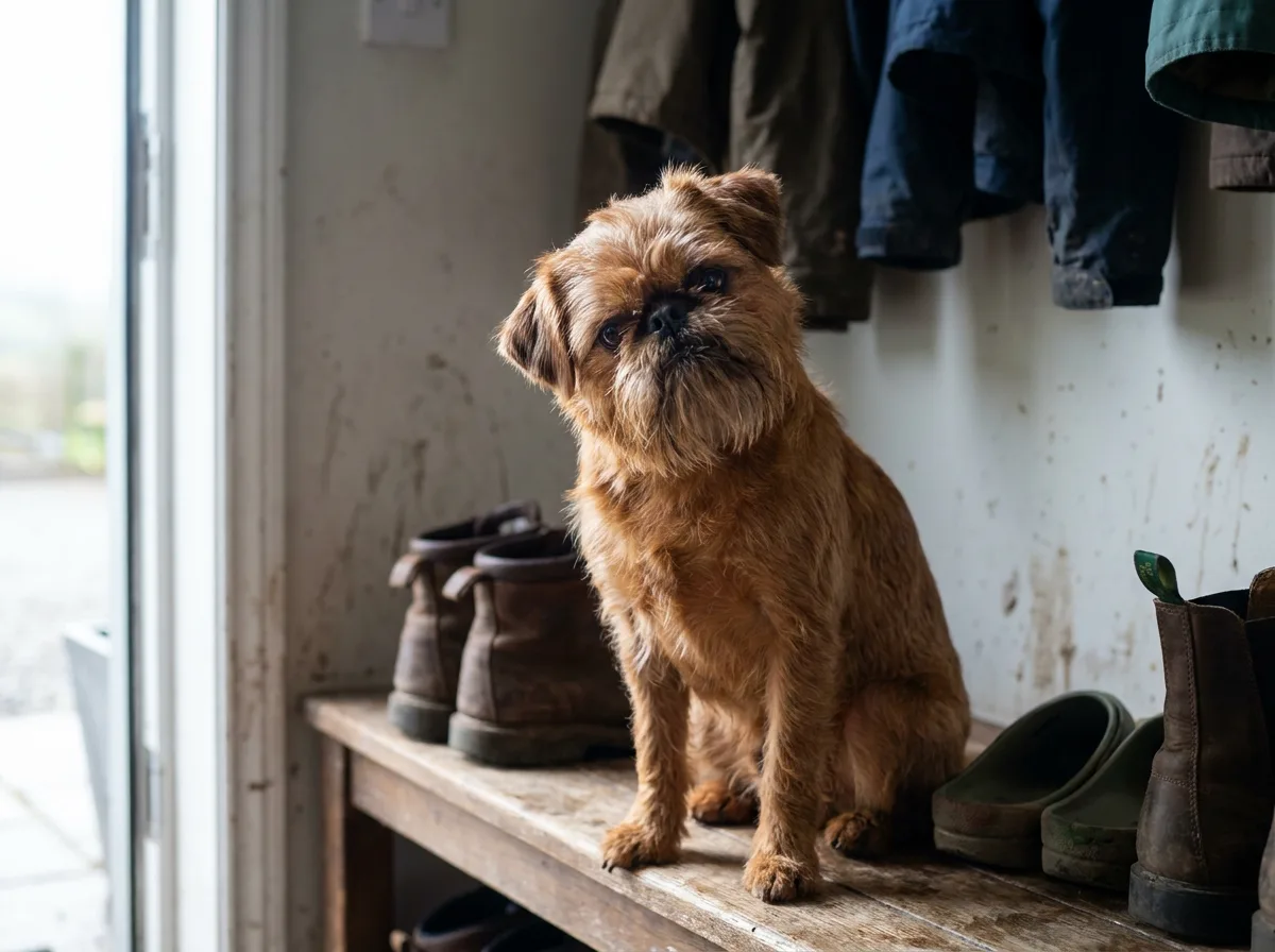 A red Brussels Griffon with a bearded face sitting on a mudroom bench among boots and coats.