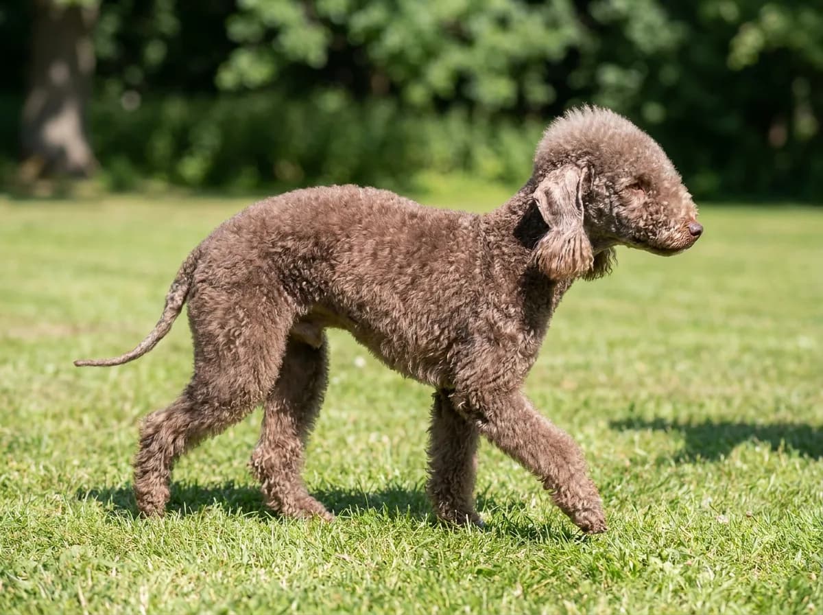 A liver Bedlington Terrier trotting across a lawn with its lamb-like curly coat and topknot.