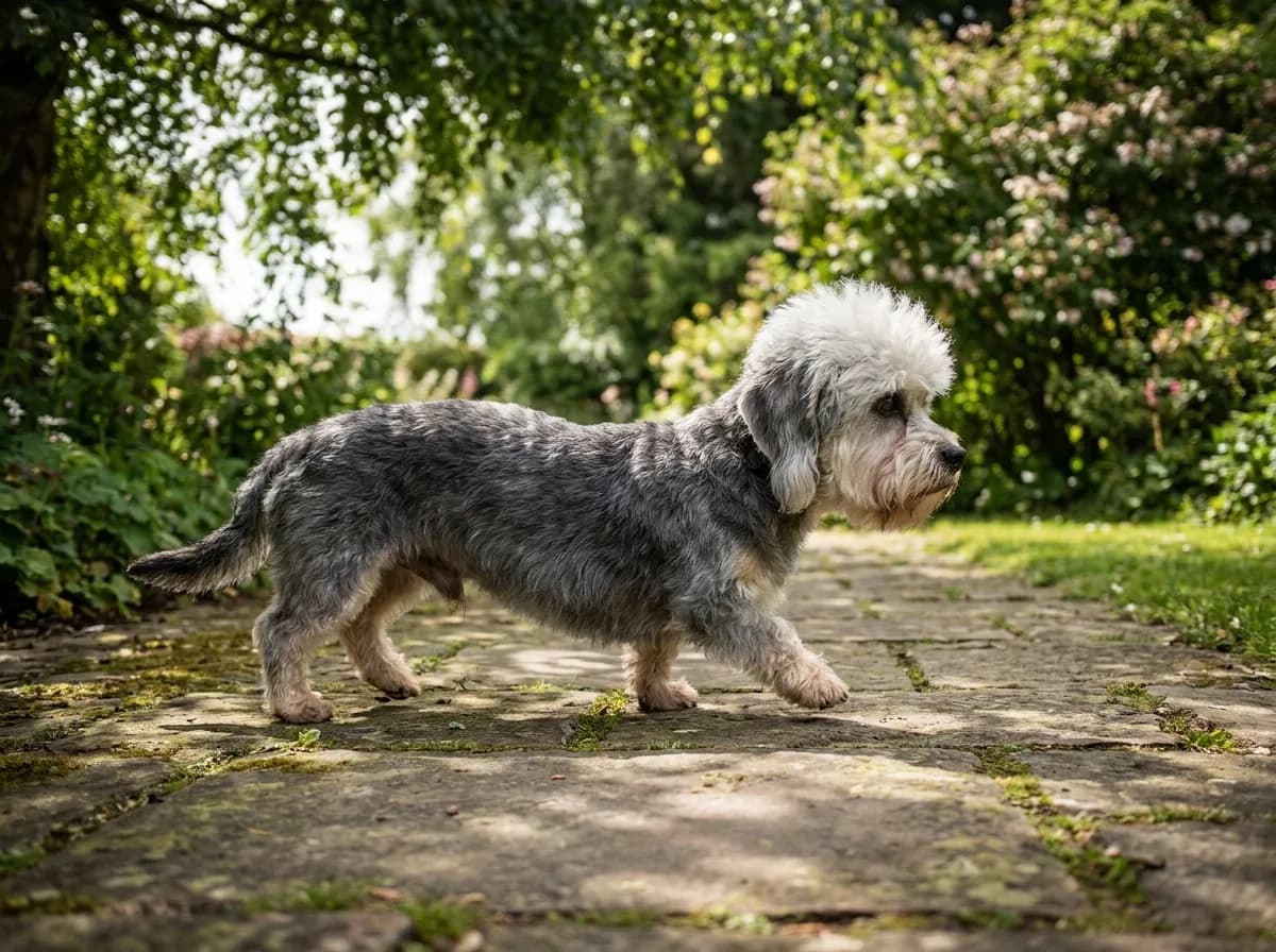 A Dandie Dinmont Terrier with a fluffy white topknot walking along a stone garden path.