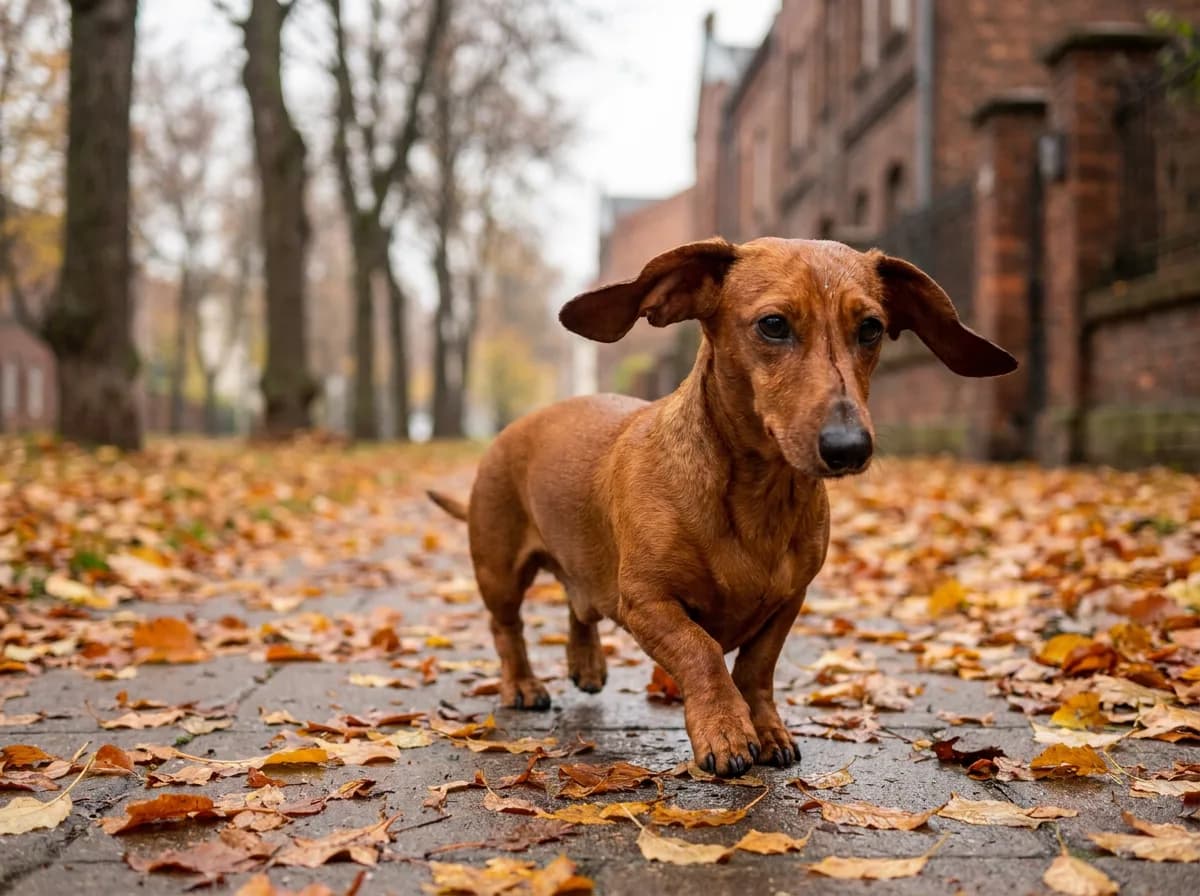 A red smooth Dachshund trotting along a leaf-covered brick sidewalk with its ears flying.