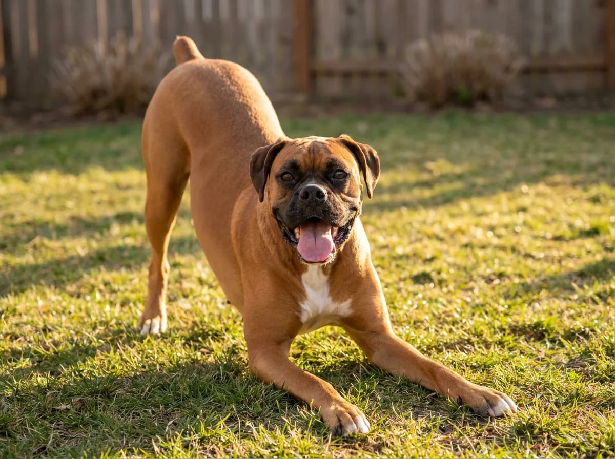 A fawn Boxer in a play bow on a back-yard lawn with its tongue out.