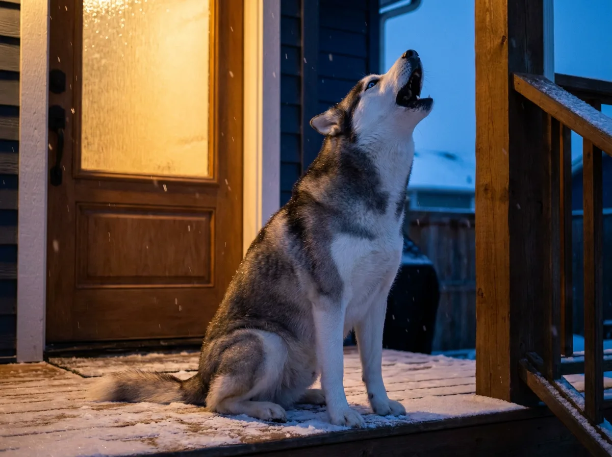A gray and white Siberian Husky howling at the sky on a snowy porch at dusk.