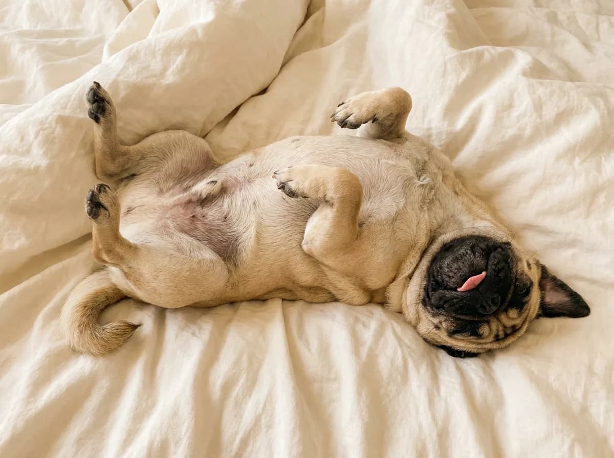 A fawn Pug asleep on its back on a white bed with its tongue poking out.