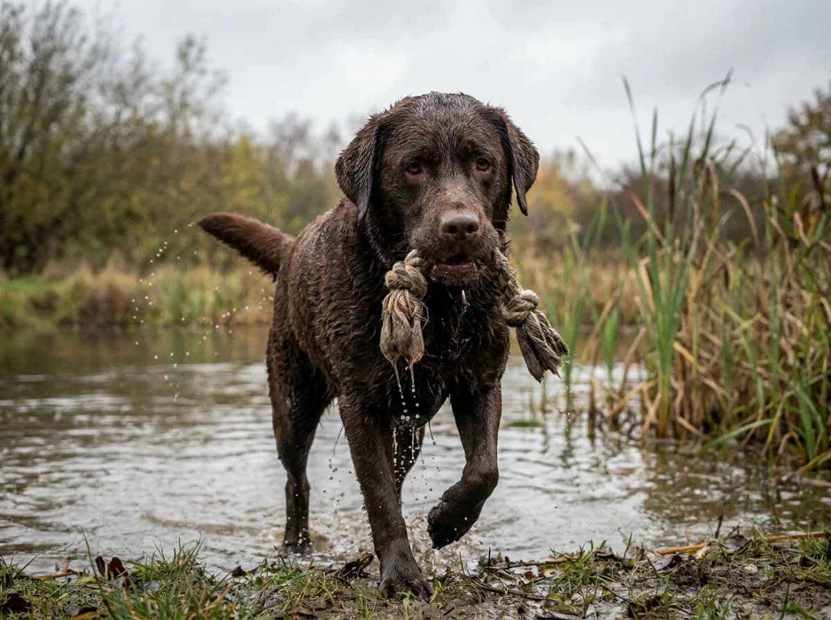 A muddy chocolate Labrador wading out of a pond carrying a soaked rope toy.