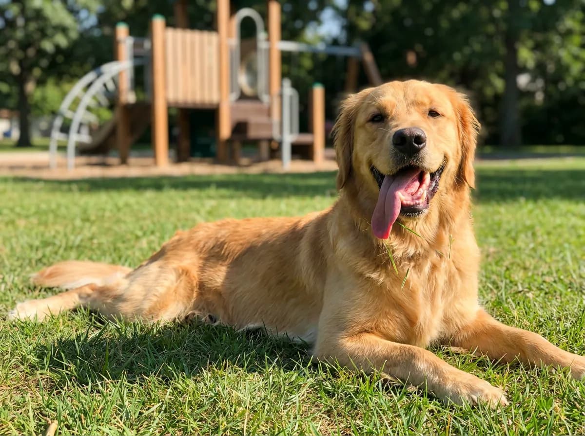 A Golden Retriever lying on park grass with its tongue hanging out, playground behind it.