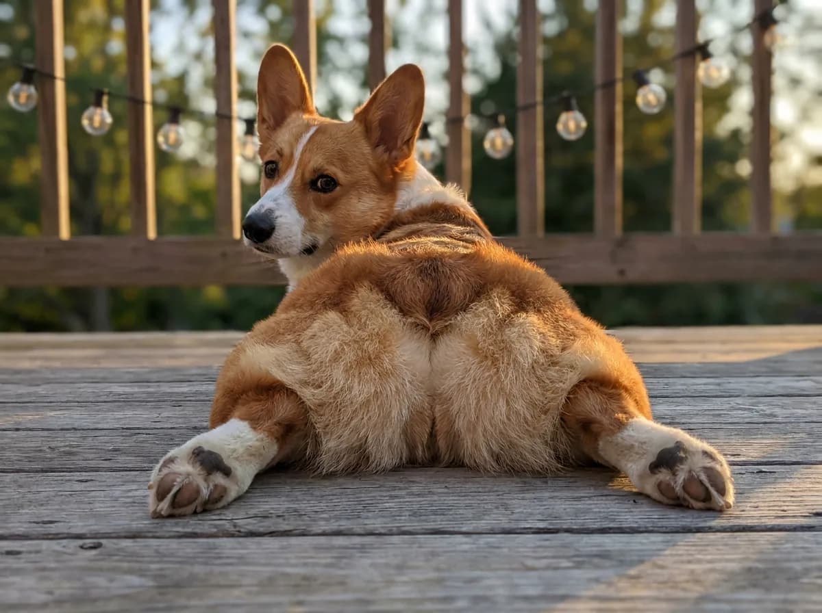 A Pembroke Welsh Corgi lying in a sploot on a wooden deck with its hind legs stretched behind it.