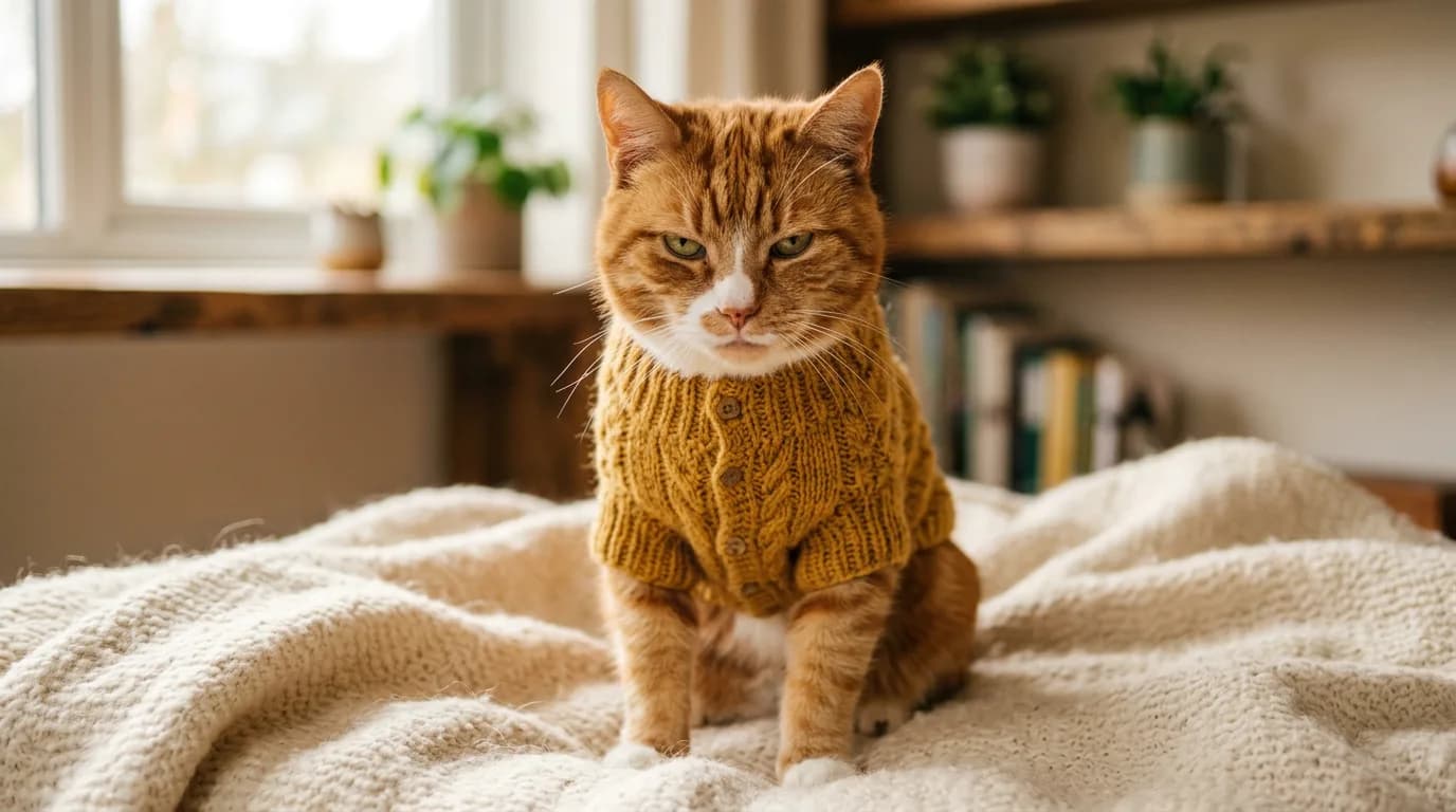 Grumpy orange tabby cat in a knitted yellow sweater looking unimpressed