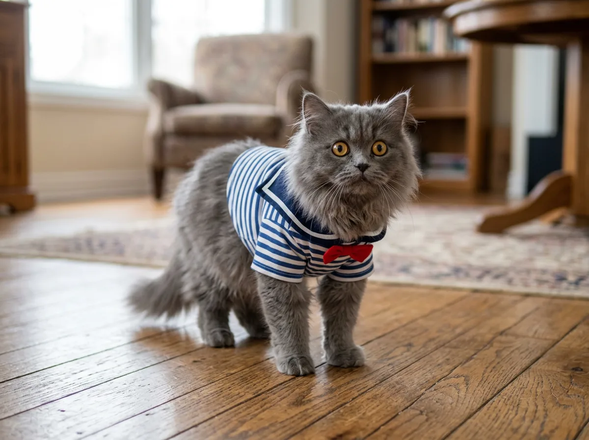 Fluffy gray cat in a striped sailor shirt standing still with wide eyes