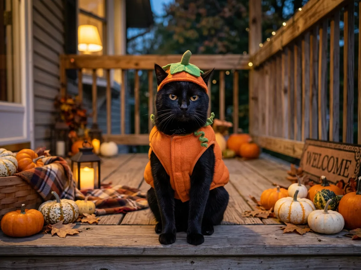 Black cat in an orange pumpkin Halloween costume sitting among small pumpkins