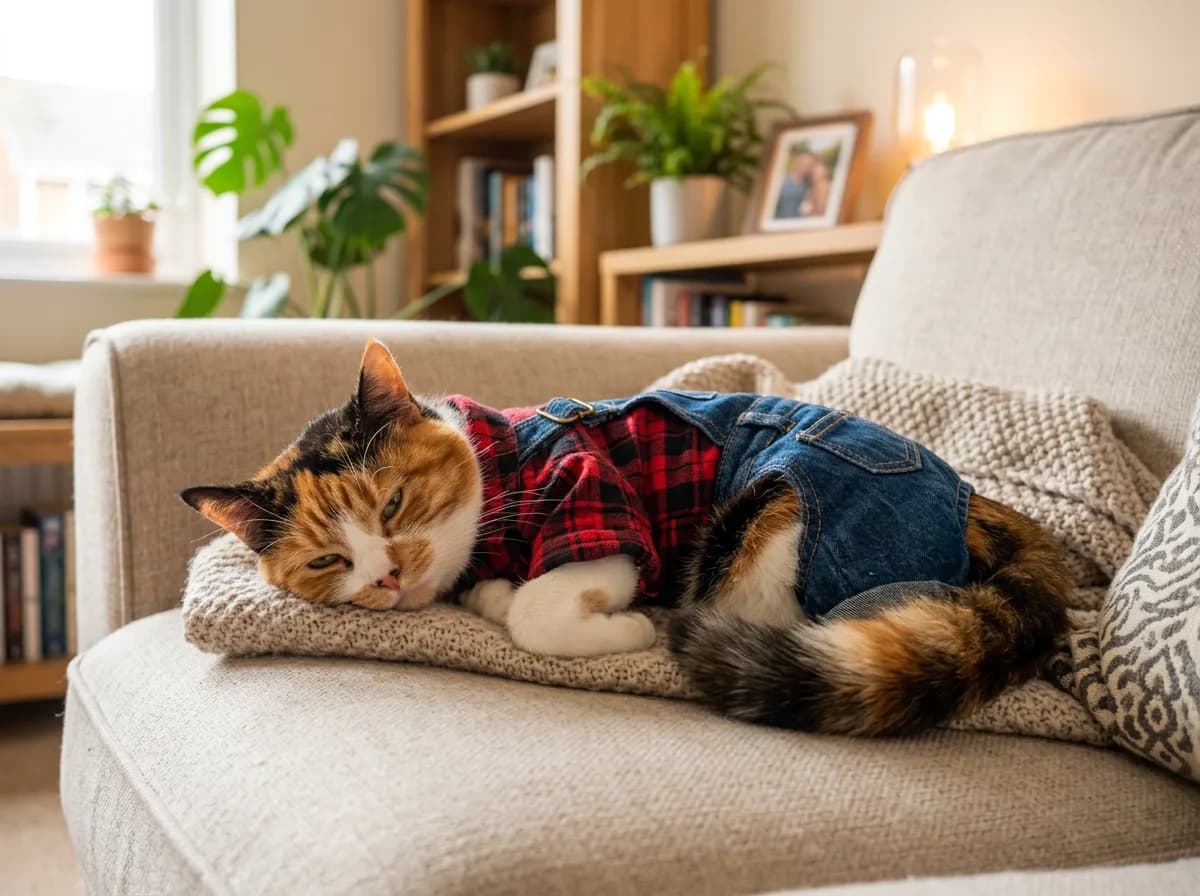 Relaxed calico cat in a plaid flannel shirt and denim overalls on a couch